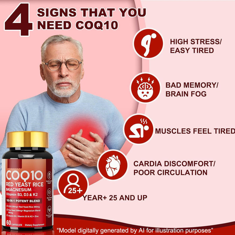 10 in 1 CoQ10 Supplement with Magnesium, Red Yeast Rice for Women & Men | Coenzyme Q10 Complex as Ubiquinone with Vitamin D3, K2, B3, Zinc, Antioxidant Support Heart Energy & Brain Health 60 softgels 60 Count (Pack of 1)