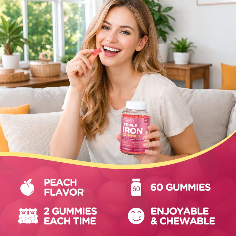 Iron Gummies for Women, Triple Iron Supplement with Multivitamin Iron Gummies with Vitamin C, A, B, Folate, Copper, Zinc for Energy & Blood Support, Immune Health, Vegan Peach, Flavor 120 Counts 120 Count (Pack of 1)