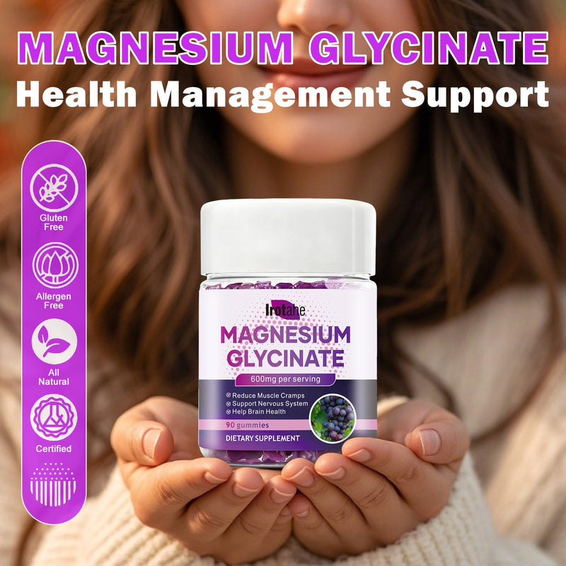 Magnesium Glycinate Gummies 600mg - Sugar Free Raspberry Chews with L-Threonate, Vitamin D3 & B6 - Supports Relaxation, Sleep & Nervous System Health - 90 Gummies (Grape) 1 Count (Pack of 1)