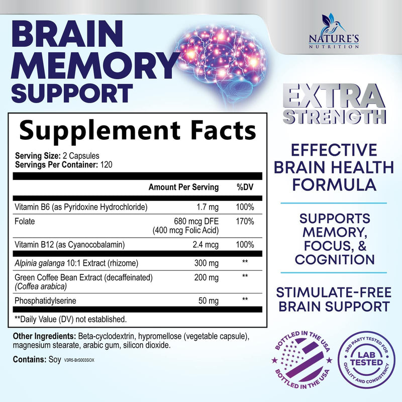 Brain Memory Supplement Pills - 3X Strength Nootropics for Concentration, Clarity & Focus Support - Brain Health Cognitive Vitamins with Bacopa, Phosphatidylserine & DMAE, Brain Booster - 240 Capsules 240 Count (Pack of 1)