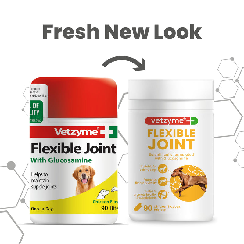 Vetzyme Flexible Joint Supplements for Dogs (90 Tablets) - Hip and Joint Care with Glucosamine, Tasty Chicken Flavour 90 Count (Pack of 1)