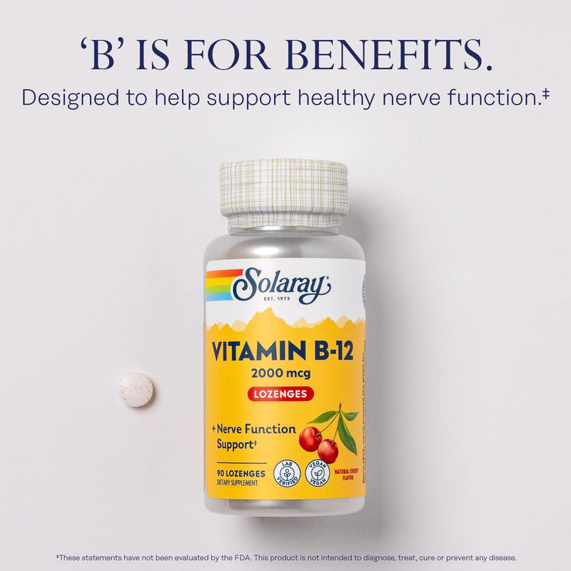 SOLARAY Vitamin B12 2000 mcg Lozenges - No Sugar, Natural Cherry Flavor Vitamin B 12 Supplement for Nerve Function, Energy and Red Blood Cell Support - Lab Verified, Vegan - 90 Servings, 90 Lozenges | Nerve, Energy & Red Blood Cell Support - No Sugar C...