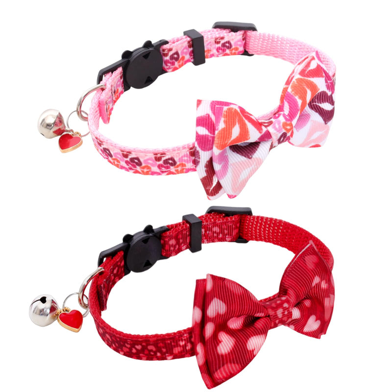 2Pcs Valentine's Day Cat Collars Holiday Breakaway Loving Heart Kitty Kitten Collars Breakaway Cat Bowtie Collars Red Pink Heart Pattern Collars with Cute Bow Tie Bell for Cats Kittens Valentine's Day Pattern 7.5''-11'' - BeesActive Australia