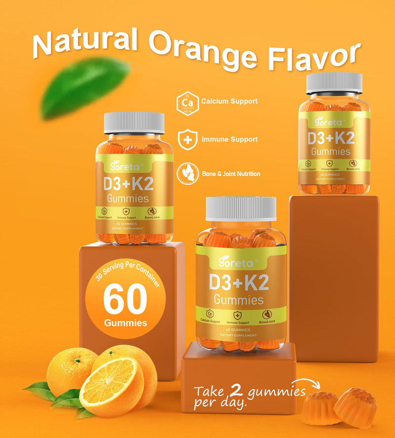 Vitamin D3 K2 Gummies 10,000 IU, MK-7, Calcium & Magnesium, 60 Count | Bone, muscle & immune support*; for adults; orange flavor; pectin-based; 2 gummies daily; 30-day supply