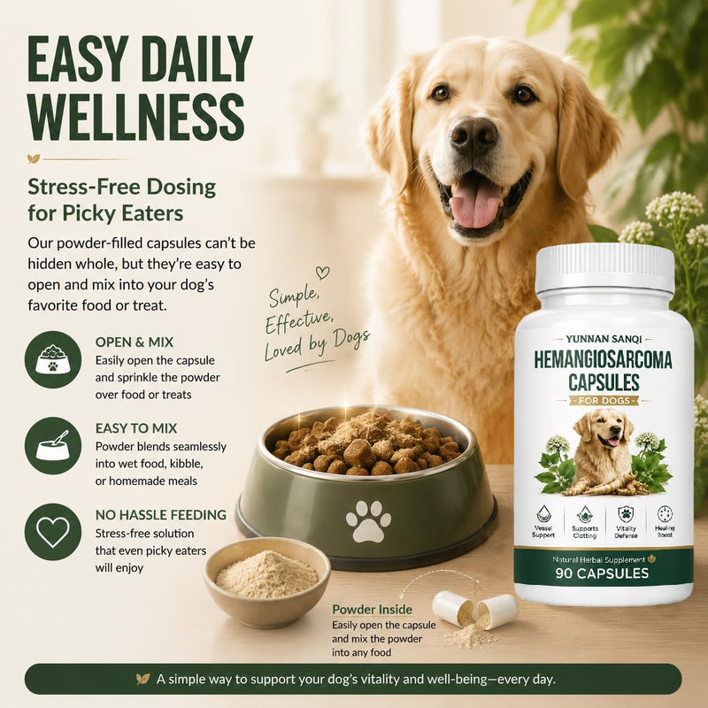Yunnan Sanqi Capsules for Dogs - Herbal Quick Stop Bleeding & Circulatory Support for Hemangiosarcoma, Hemoabdomen, Pericardial Effusion, Severe Bruising, Ulcer-Related Bleeding, 90 Capsules