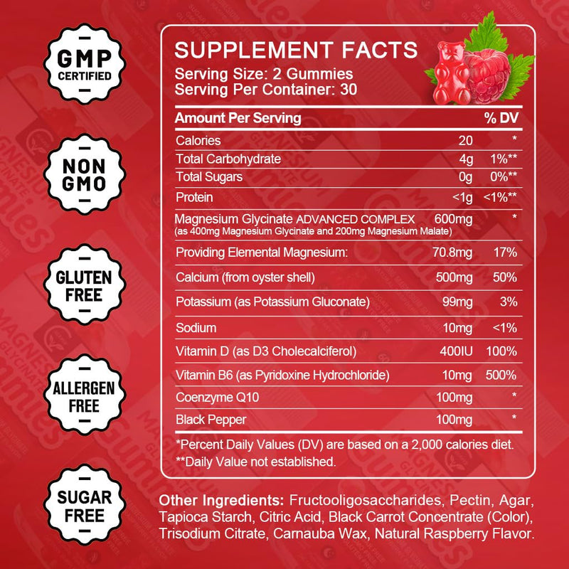 Magnesium Glycinate Gummies 400mg, Mg Potassium Supplement with Chelated Magnesium Malate Complex, Vitamin D, B6, and CoQ10, Supports for Memory, Calm, Mood & Sleep - 60 Count (Pack of 2) Raspberry 60 Count (Pack of 2)