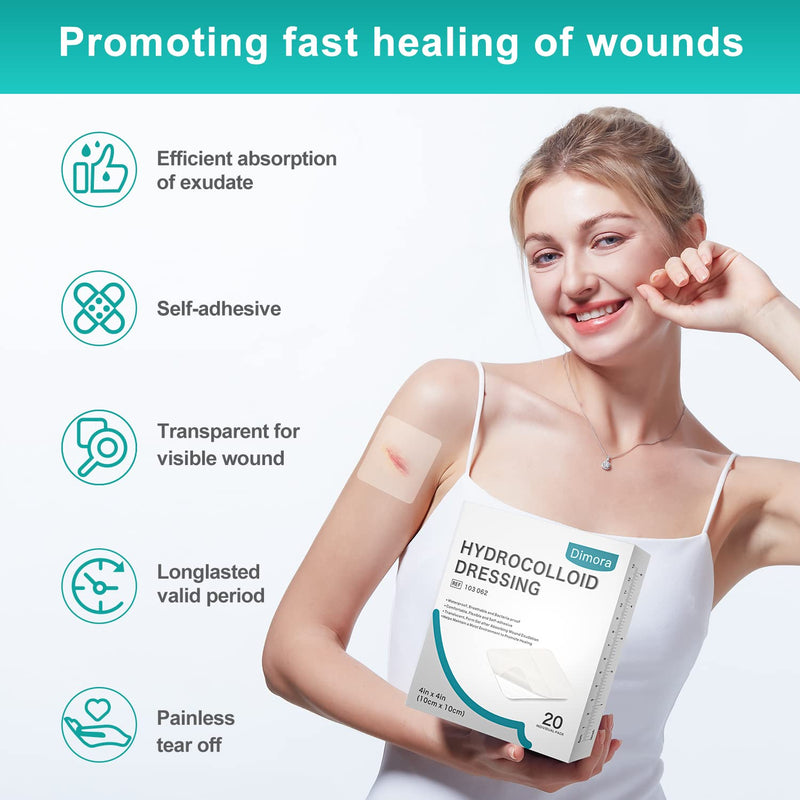 Dimora 20 Pack Hydrocolloid Wound Dressing, Ultra Thin 4" x 4" Large Patch Bandages with Self-Adhesive 4×4 - 20pcs 0.3mm thickness