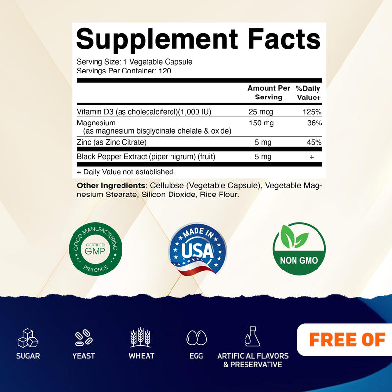 Vitamatic Magnesium (from Bisglycinate & Oxide) with Vitamin D3 & Zinc - 120 Veg Capsules - Supports Muscle, Joint, Nerve & Heart Health – Non-GMO, Gluten-Free - 2 Pack