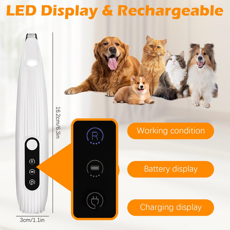 Dog Paw Trimmer with LED Light, 2025 Upgrades Pet Micro Exquisite Trimmer for Dogs Grooming Clippers, 35dB Low Noise Paws Clipper for Dogs and Cats Trimming Paws, Eyes, Ears, Face, and Rump (White) White - BeesActive Australia