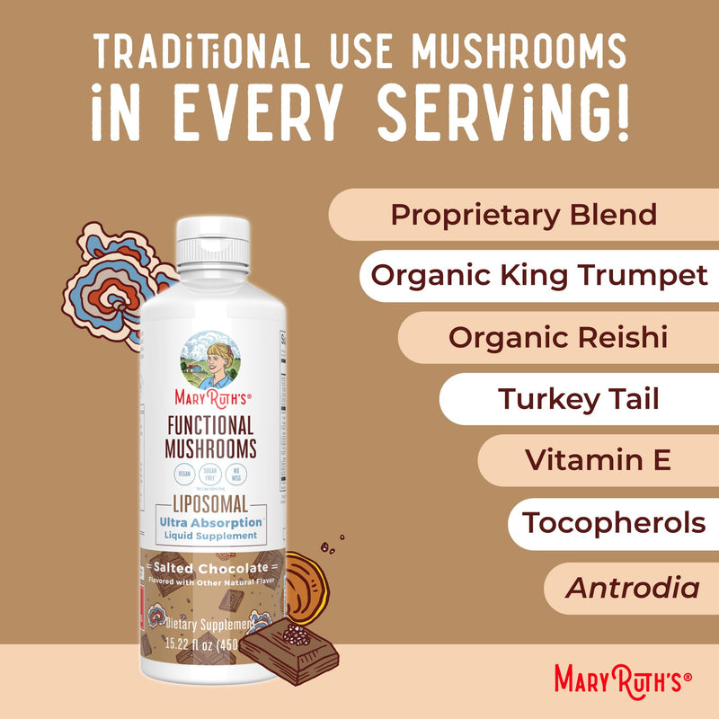MaryRuth Organics Mushroom, Mushroom Supplement, Mushroom Liquid Vitamin, Reishi Mushroom Supplement for Immune Support, Turkey Tail Vitamin for Stress Relief, Vegan, Non-GMO, Gluten Free, 15.22 Fl Oz