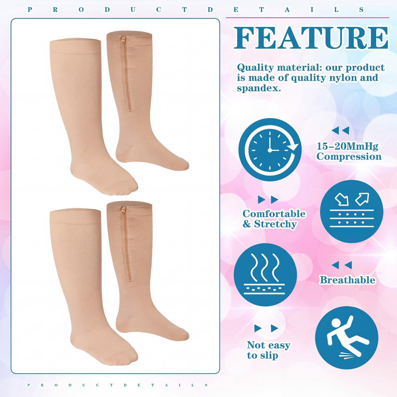 Hillban 2 Pair Zipper Compression Socks 4X-Large Beige