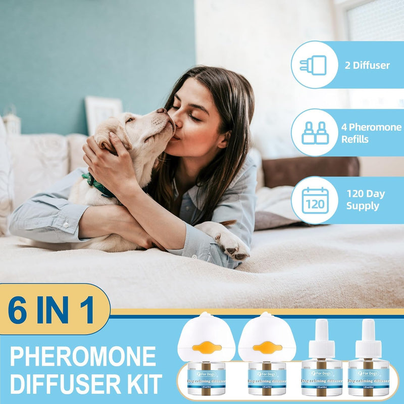 6 In 1 Dog Calming Plug in, Dog Calming Diffuser Pheromone Relaxants & Anxiety Relief, Equipped with 2 Diffusers+4 Refills, 120 Day Long Lasting Refill, Adapt for Dogs (Original Scent) Original