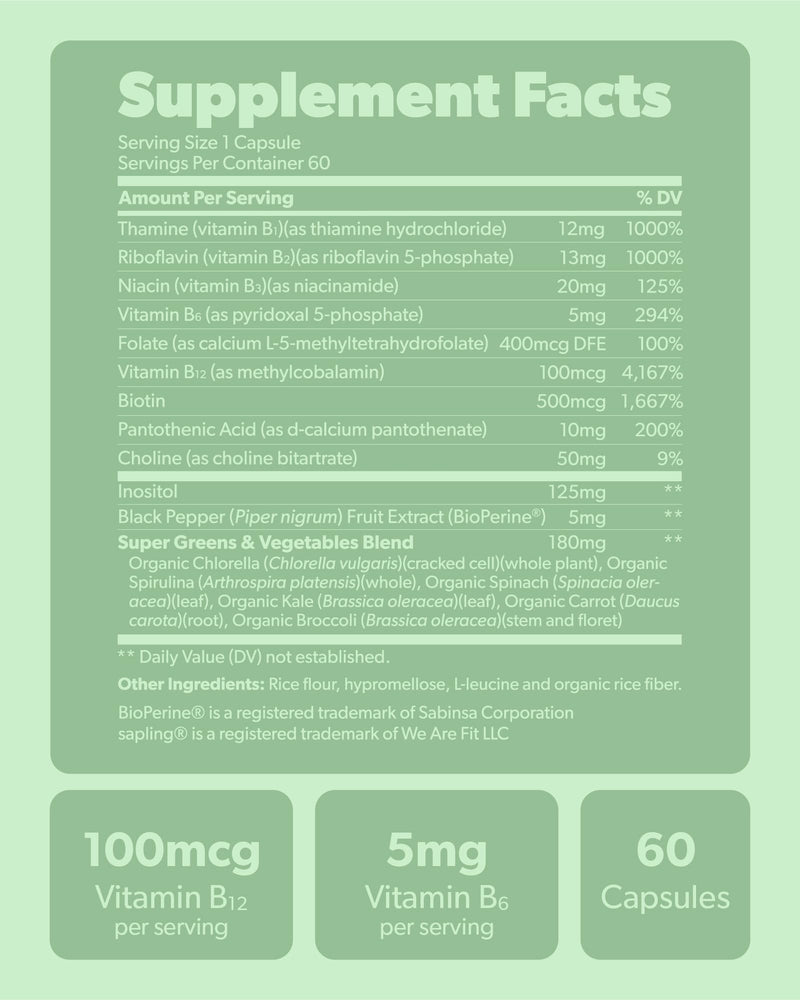 sapling Vegan Vitamin B Complex - Whole Food Blend with Essential B Vitamins B1, B2, B3, B5, B6, B7, Folate, B12-60 Caps