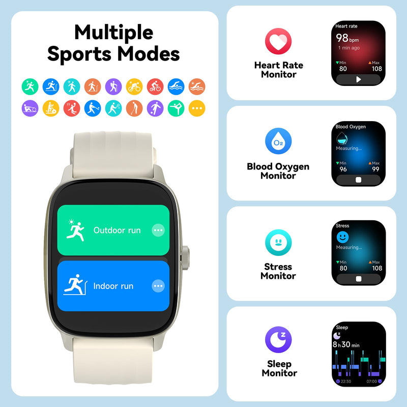 EURANS Smart Watch No App/Phone Required, 1.85" HD Display |Waterproof Watch with Heart Rate & Sleep Monitor | Step Counter for Walking, Pedometer Watch for Women/Men Almond