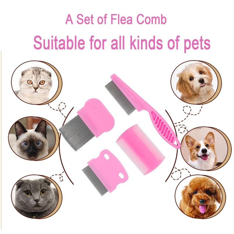 Flea Comb 4-Pieces-Pink with High Strength Teeth Pet Tear Stain Remover Combs, Dog Cat Grooming Set Effective Float Hair Remover - BeesActive Australia