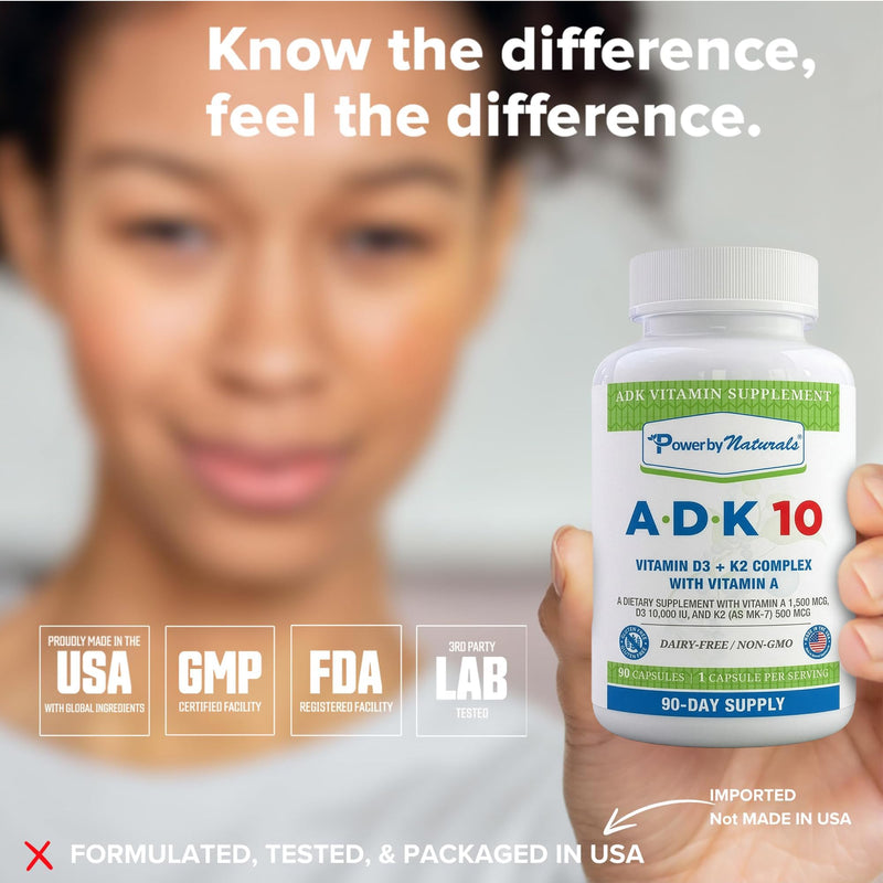 Power By Naturals ADK Vitamin Supplement – Vitamins A, D3 250 mcg & K2 MK-7 for Bone & Immune Health – Gluten-Free, Soy-Free – 180 Capsules, 2-Pack (6-Month Supply) 90 Count (Pack of 2)