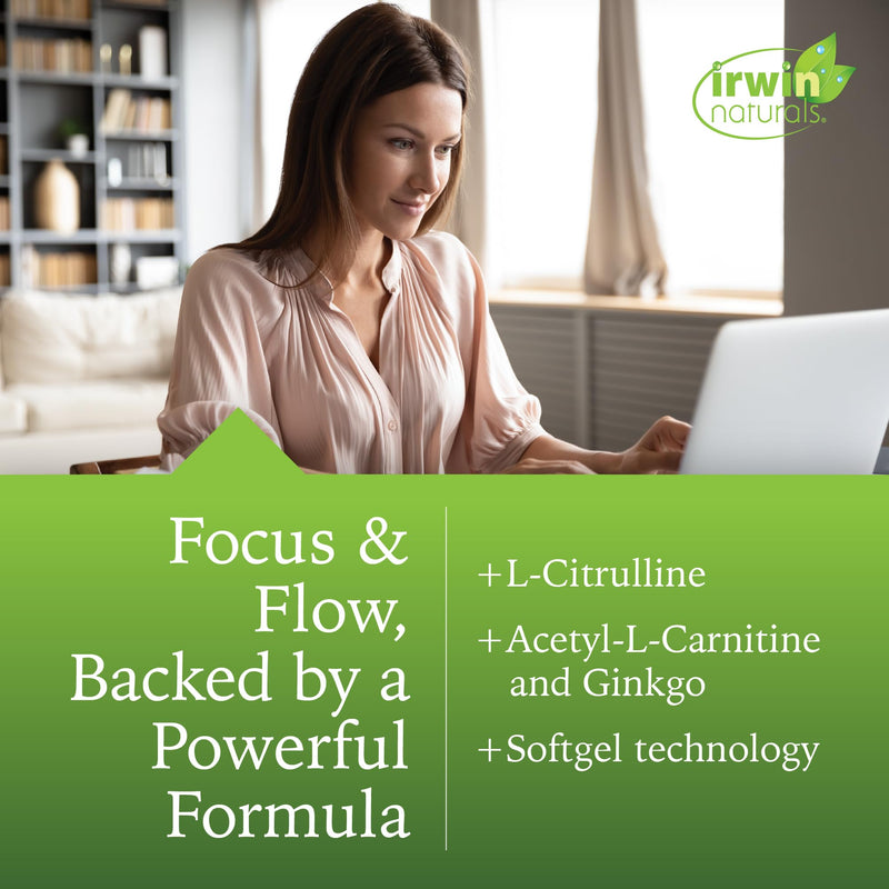 Irwin Naturals Brain Awake RED Focus & Mental Clarity Support | Productivity & Cognitive Performance | Ginkgo + L-Theanine + L-Citrulline |60 Liquid Soft-Gels 60 Count (Pack of 1)