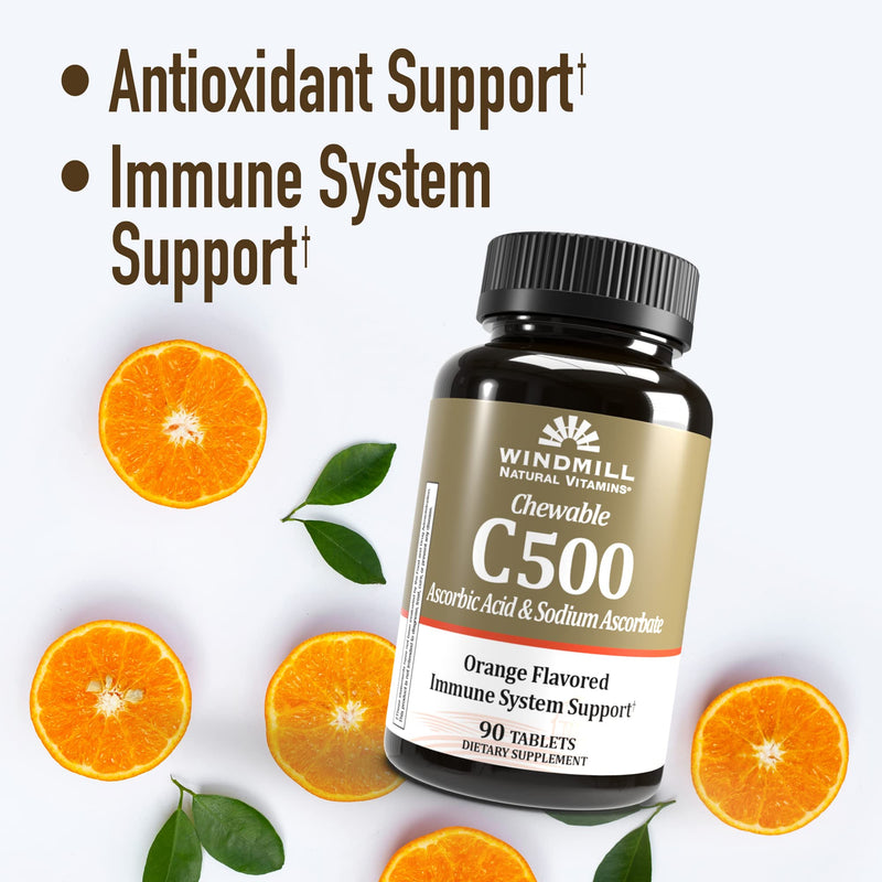 Windmill Health Products Chewable Vitamin C-500, Immune System Support, Potent Antioxidants, 90 Tablets, 90 Count 90 Count (Pack of 1)