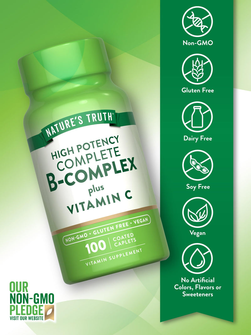 Nature's Truth Vitamin B Complex Plus Vitamin C | 100 Caplets | Vegan, Non-GMO & Gluten Free Supplement | Vegan, Non-GMO & Gluten Free Supplement 100 Count (Pack of 1)