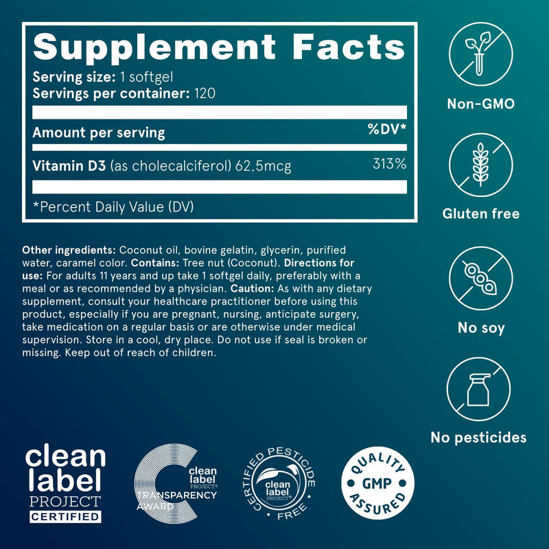 Puori Vitamin D3 Softgels for Adults, 2500 IU (62.5 mcg), 240 Count | Fast Absorbing Supplement Supports Immune System, Bone Health, Density & Muscle Recovery - Non-GMO & Gluten-Free