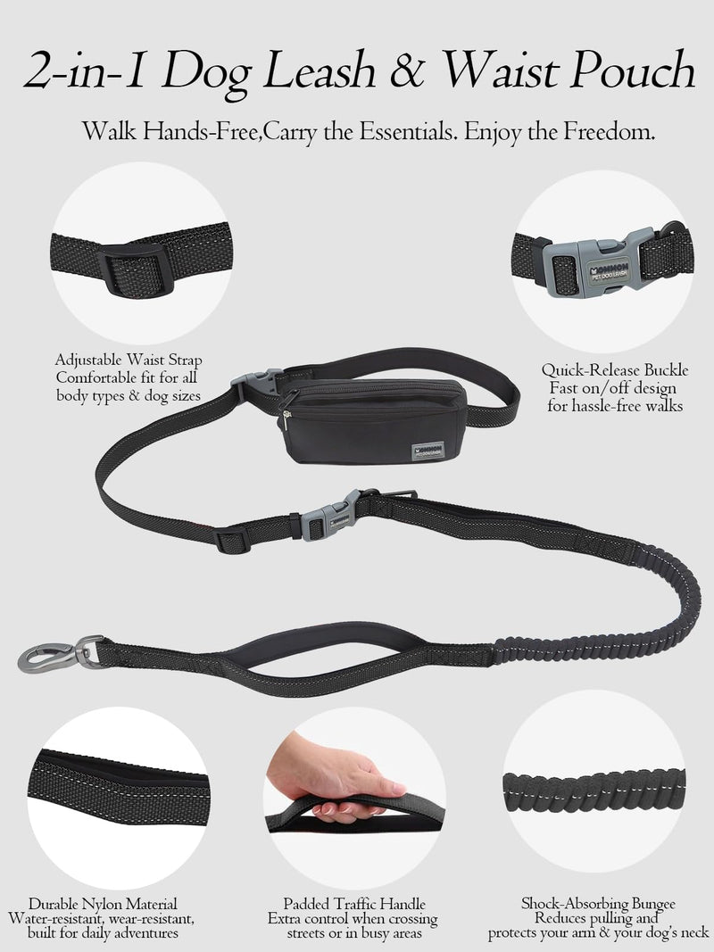 Hands Free Dog Leash with Zipper Pouch & Waist Belt – Reflective Durable Bungee Leash with Dual Padded Handles for Walking, Jogging & Running, Fits Small to Large Dogs (Black) Black