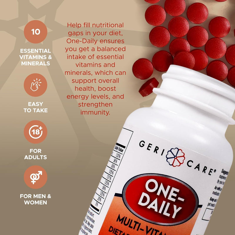 GeriCare One-Daily Multi-Vitamin Tablet, 100 Count Adult Multivitamin Supplement | Easy-to-Take Dietary Supplement with Vitamins A, C, D3, B, Calcium| Vitamin & Mineral Complex (2 Pack) 100 Count (Pack of 2)
