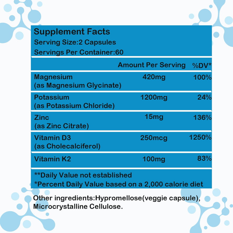 Potassium Magnesium Zinc Supplement,with Vitamin D3 &K2,Support Immune | Potassium Citrate,Magnesium Glycinate,High Absorption, Support Energy for Women & Men,Non-GMO,120 Count(Pack of 1) 120 Count (Pack of 1)