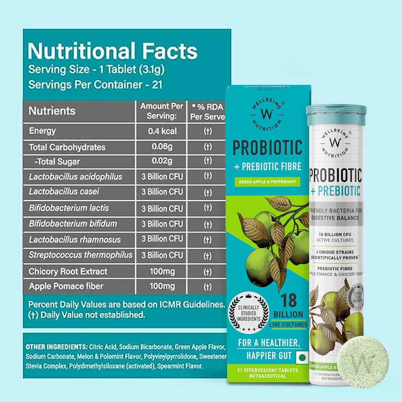Wellbeing Nutrition Daily Probiotics + Prebiotics | Improve Metabolism, Acidity Relief, Digestion & Gut Health | 18 Billion CFU Organic Probiotics Supplement for Men & Women (21 Effervescent Tabs) 21 Count (Pack of 1)
