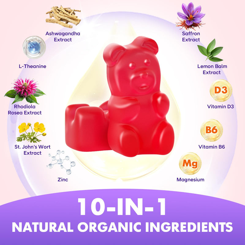 softbear Saffron Gummies for Kids & Adults, 10-in-1 Organic Saffron Supplements with 88.5mg Saffron Extract Support Calm Mind & Focus & Zzz, Sugar Free/Non-GMO, Strawberry Flavor 60 Count 60 Count (Pack of 1)
