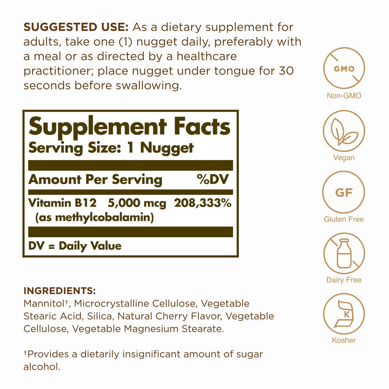 Methylcobalamin (Vitamin B12) 5000 mcg Solgar 30 Nugget Unflavored 30 Count (Pack of 1)