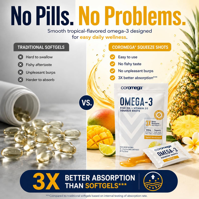 Coromega - Omega 3 Tropical Flavor - 30 Packets - 650mg | 3X Better Absorption Than Softgels, Tropical Flavor, Single-Serve Squeeze Shots, No Fishy Aftertaste, Easy To Enjoy 30 Count (Pack of 1)