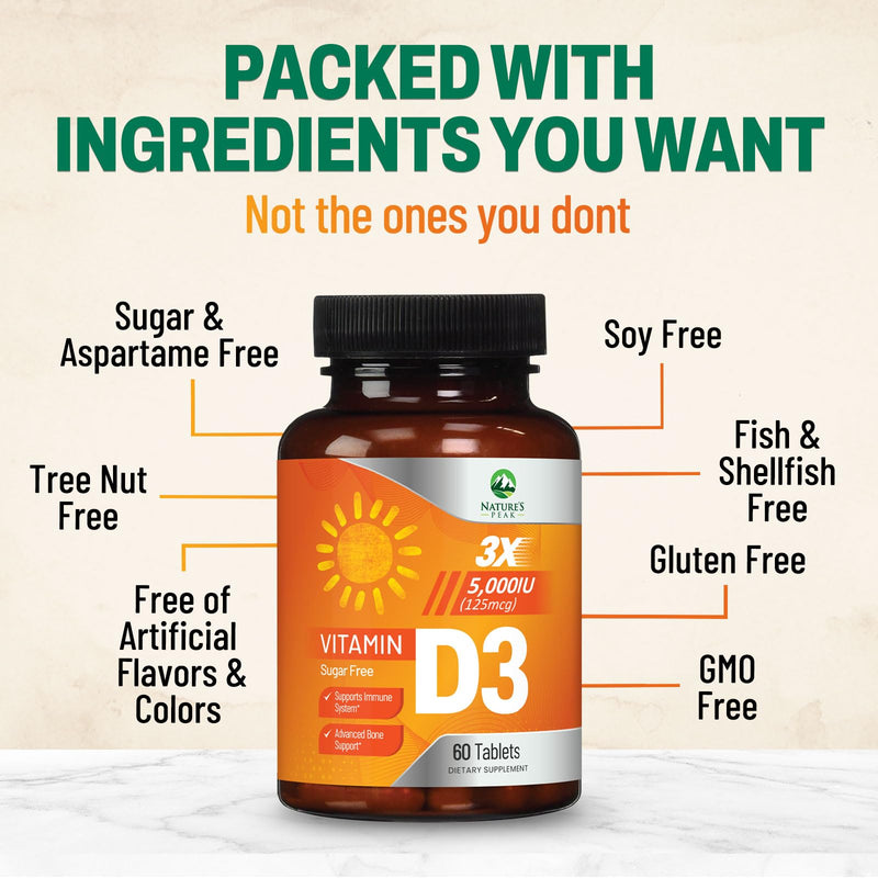 Vitamin D3 5000iu (125 mcg) Per Serving - 3X Strength Immune Health Support Vitamin D Dietary Supplement for Bone, Teeth, Muscle - Vit D, Vegan, Gluten Free, Raspberry Flavor - 60 Chewable Tablets 60 Count (Pack of 1)