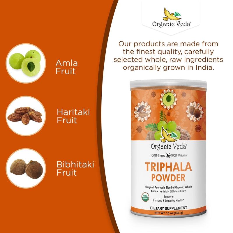 Organic Veda Triphala Powder with Amla, Haritaki, Bibhitaki Fruits - 100% Natural Ayurvedic Triphala Powder - Improves Immune Support, Digestion, Colon Cleanse, Skin Health - Vegan, Non-GMO - 16oz - BeesActive Australia