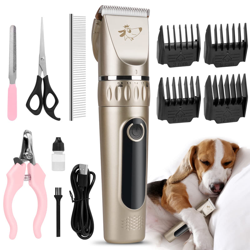 VSSHE Dog Clipper, Quiet Clipper Dog and Cat with 2 Speeds Rechargeable Cordless Cats and Dogs Horse Hair Clipper Clipper Dog with 11 Accessories Gold