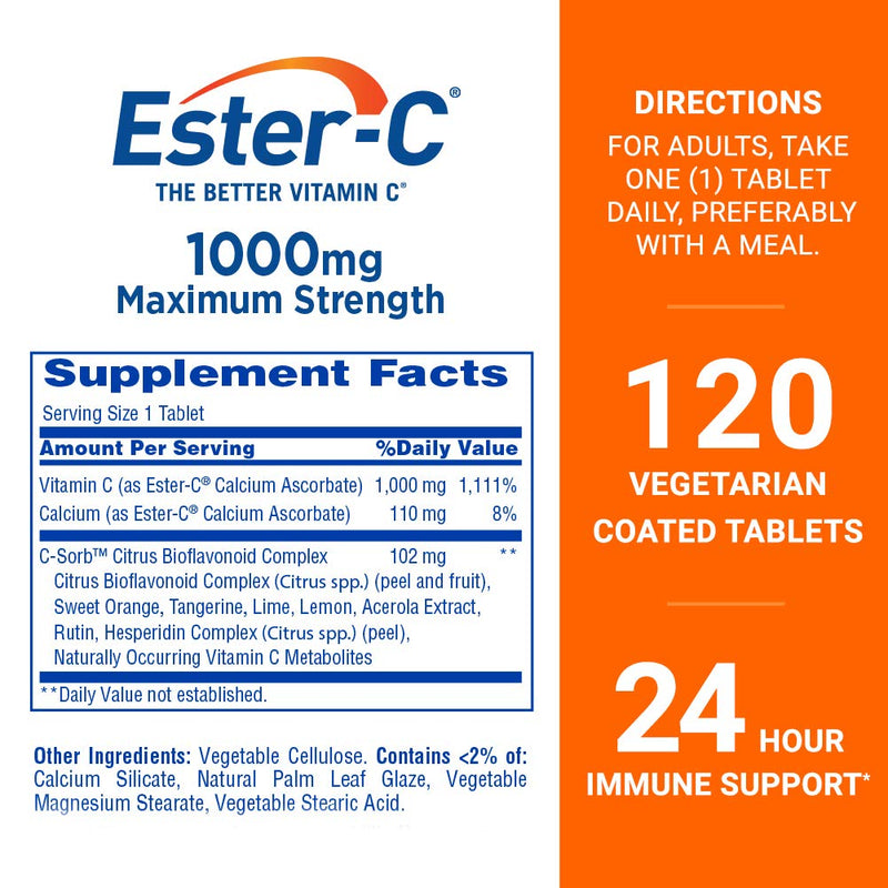 Ester-C Vitamin C 1000 mg Coated Tablets, 120 Count, Immune System Booster, Stomach-Friendly Supplement, Gluten-Free 120 Count (Pack of 1) - BeesActive Australia