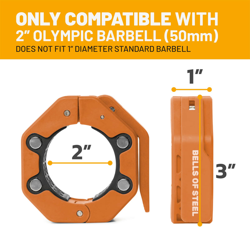 Magnetic Barbell Collars [Bells of Steel] Version 2.0 Premium Weight Bar Clamps, Quick Release Barbell Clips, Olympic Barbell Clamps, High-Strength Nylon Gym Clips, Pair, Orange Orange V.2