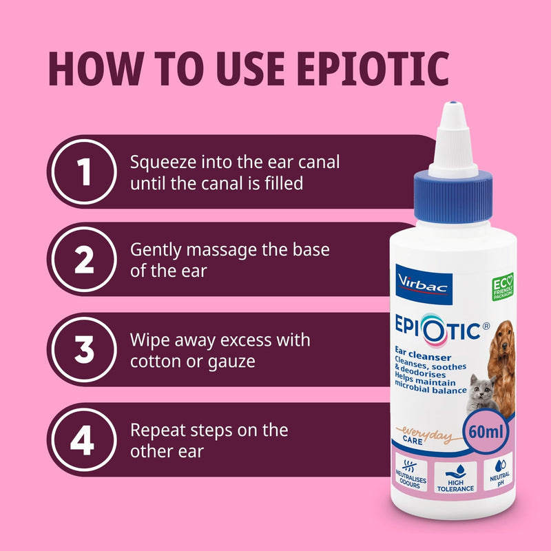 Virbac EpiOtic Cat and Dog Ear Cleaner Solution - Antibacterial and Anti-fungal Dog and Cat Ear Cleaner - 60ml