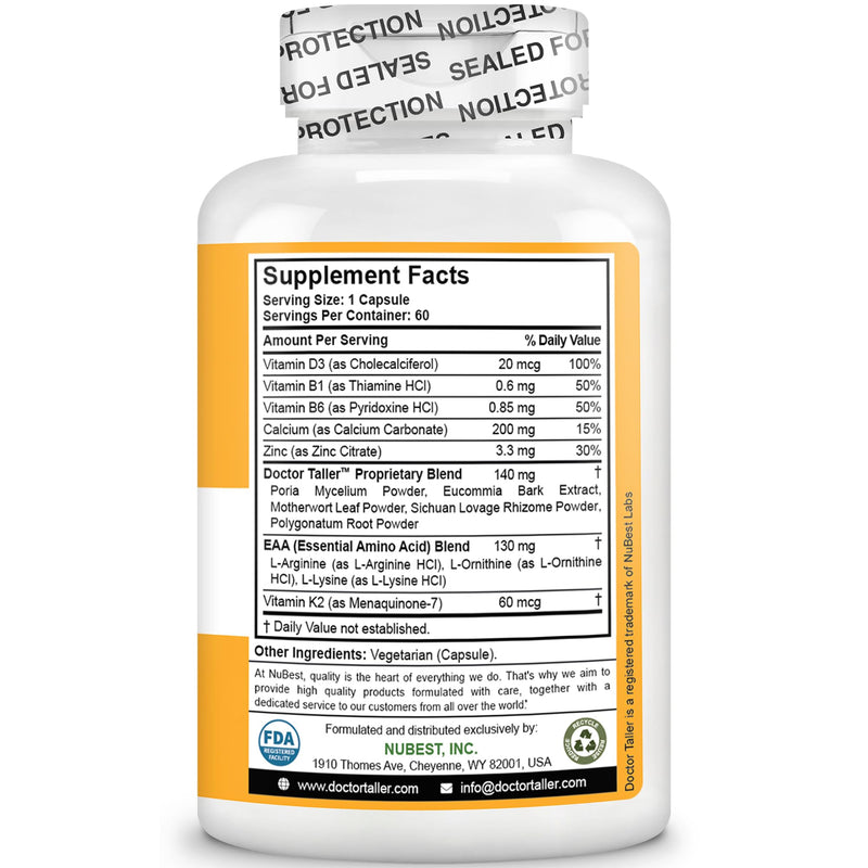 NuBest Doctor Taller - Bone Strength Supports, Enhance Immune System - Keto with Calcium, Vitamin D3, Vitamin K2, Amino Acids & Herbs for Children (8+) - 60 Vegan Capsules | 1 Month Supply Authentic 60 Count (Pack of 1)