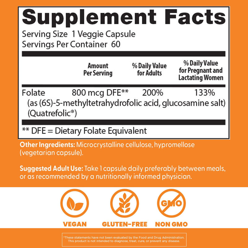 Doctor's Best Folate Supplement 800 mcg for Women & Men - Methylated Folate Capsules 800mcg (5-MTHF), Supports Healthy Fetal Brain Development, Fully Active - 60 Veg Caps 800 mg