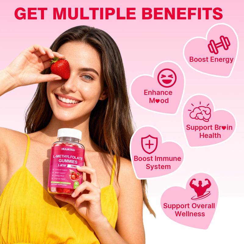 L-Methylfolate 15 mg Gummies, Methylfolate Supplement, Folate 5-MTHF Supplement for Support Mood, Brain Health, Immune System, Sugar Free, Strawberry Flavor, 60 Count 60 Count (Pack of 1)