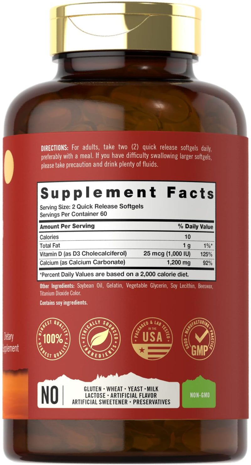Carlyle Calcium 1200 mg with Vitamin D3 | 120 Softgels | Non-GMO & Gluten Free Supplement for Men and Women | Tahoe Nutritionals