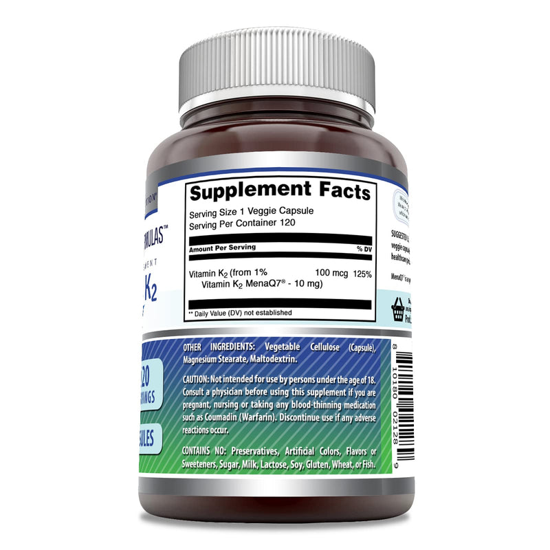 Amazing Formulas Vitamin K2 Menaq7 MK7 Supplement | 100 Mcg | Veggie Capsules | Non-GMO | Gluten Free | Made in USA (1 Pack, 120 Count) 1 Count (Pack of 1) - BeesActive Australia