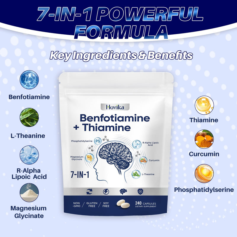 Vitamin B1 Benfotiamine 300mg with R-ALA 600mg & Thiamine - Advanced Nerve Support Supplement with Phosphatidylserine, L-Theanine, Turmeric & Magnesium - Non-GMO, Gluten Free, 240 Capsule