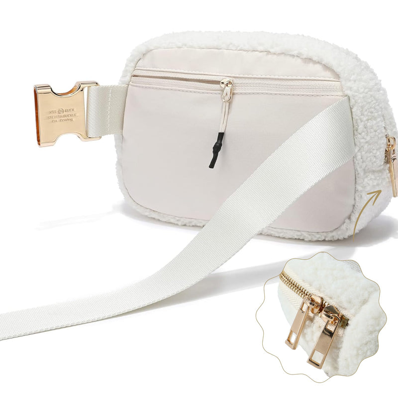FORZAROCKET Plus Size Sherpa Fanny Pack | XL Extended Strap 70" | Gold Hardware | Women Fleece Crossbody Belt Bag White Cream Sherpa