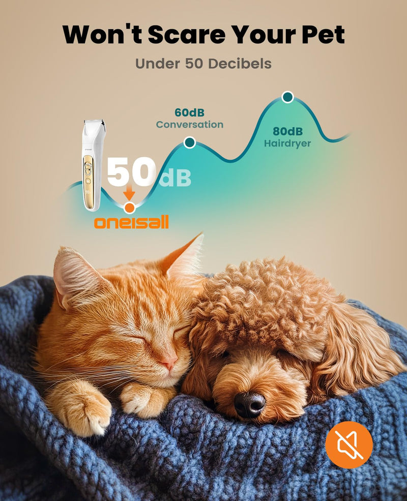 oneisall Quiet Dog Grooming Kit 4 in 1, LED Light Dog Nail Grinder, 2000mAh Pet Grooming Clippers Paw Trimmer for Paw, Nail, Face, Ears, Legs, Body with Storage Bag Gold - BeesActive Australia