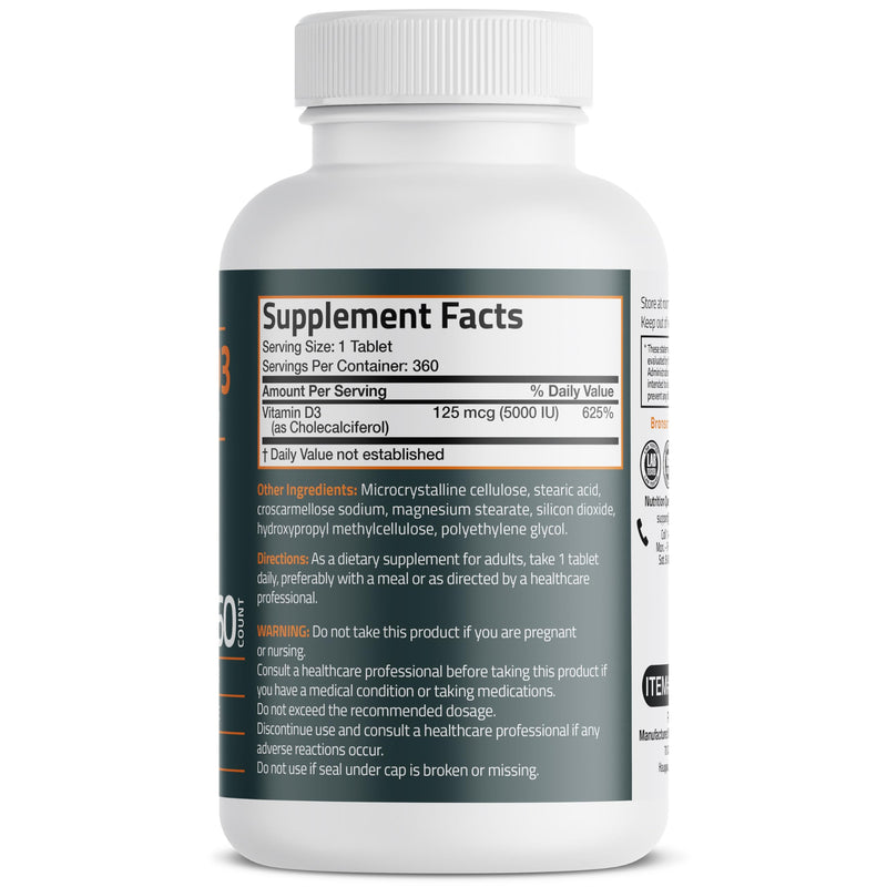 Bronson Vitamin D3 5000iu (125mcg) 1 Year Supply for Healthy Muscle Function and Immune Support, Non-GMO, 360 Tablets - BeesActive Australia