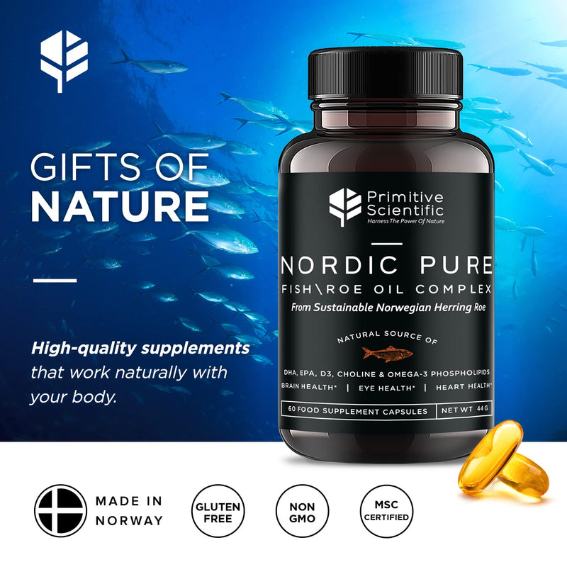 Primitive Scientific Nordic Pure Oil Complex (60 Fish Oil Capsules) for Brain, Immunity & Vision - Heart Supplement w/EPA, DHA, Vitamin D3, Choline - Omega 3 Supplements