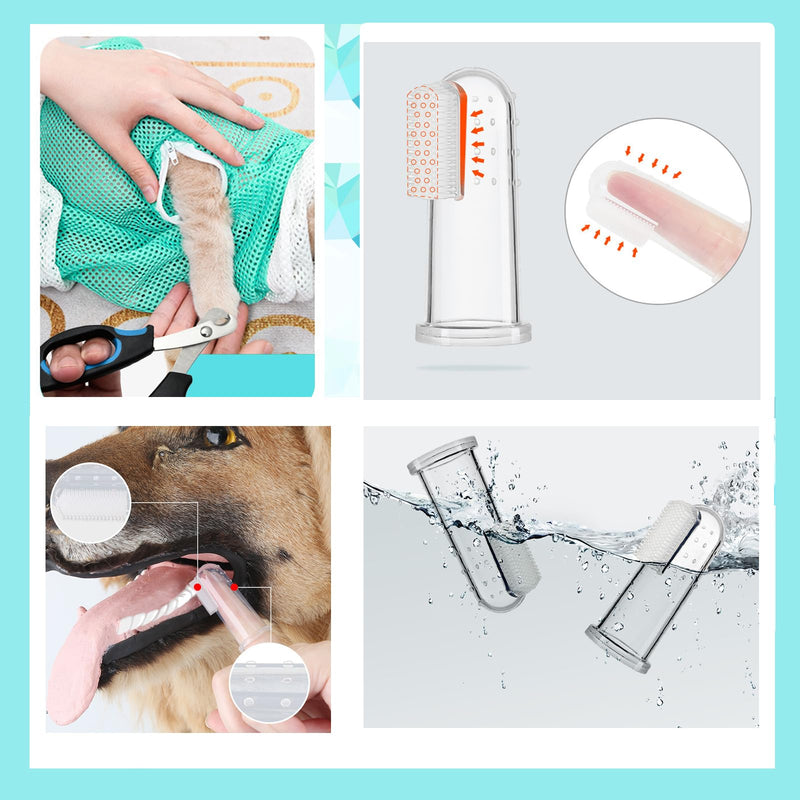 Adjustable Multifunctional Anti-Bite Shower Net, Cat Grooming Mesh Bag, Cat Bath Brush and Pet Finger Toothbrush (B-Green) B-Green