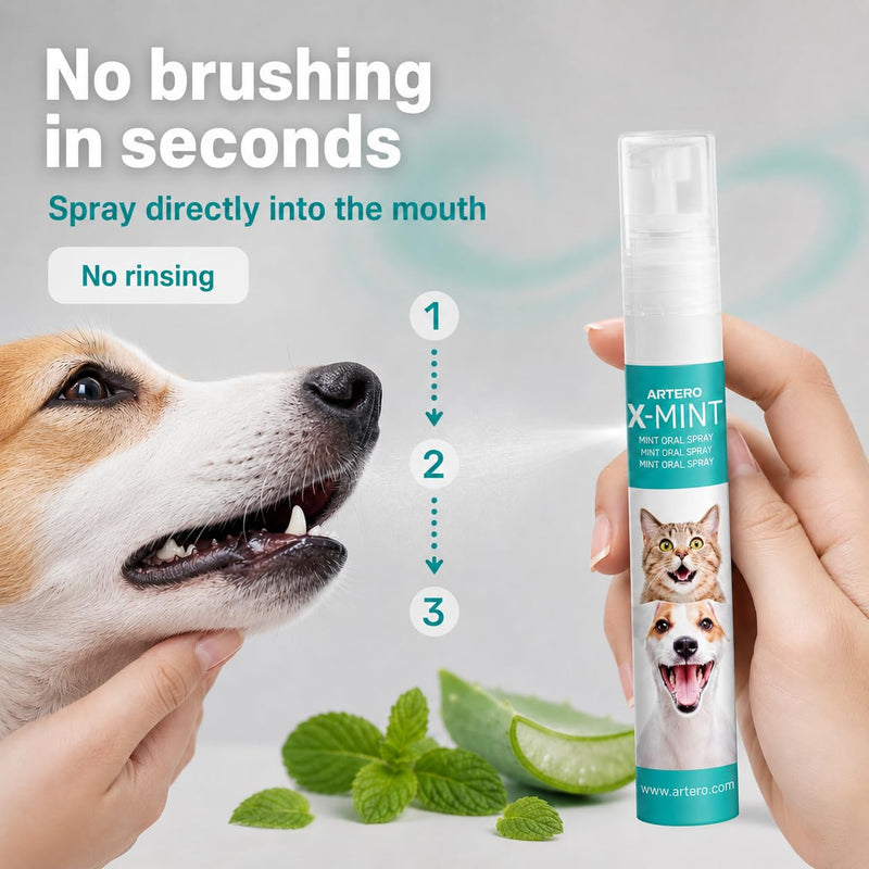 ARTERO X-Mint. Instantly removes bad breath from your dog or cat. Maintains oral hygiene. Pleasant taste. Protects enamel. Easy to apply with diffuser spray.