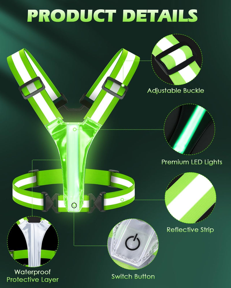 Zacro LED Reflective Vest Running Gear, 5 Lights Colors High Visibility Reflective Running Gear Rechargeable Light Up Running Vest for Walking Running Cycling, Adjustable for Men Women Kids Light Green 2